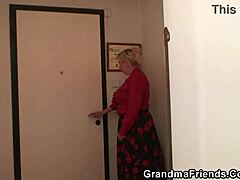 Two repairmen seduce an elderly woman with big tits