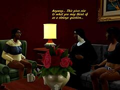 Three horny Sims engage in group sex with mature and busty partners